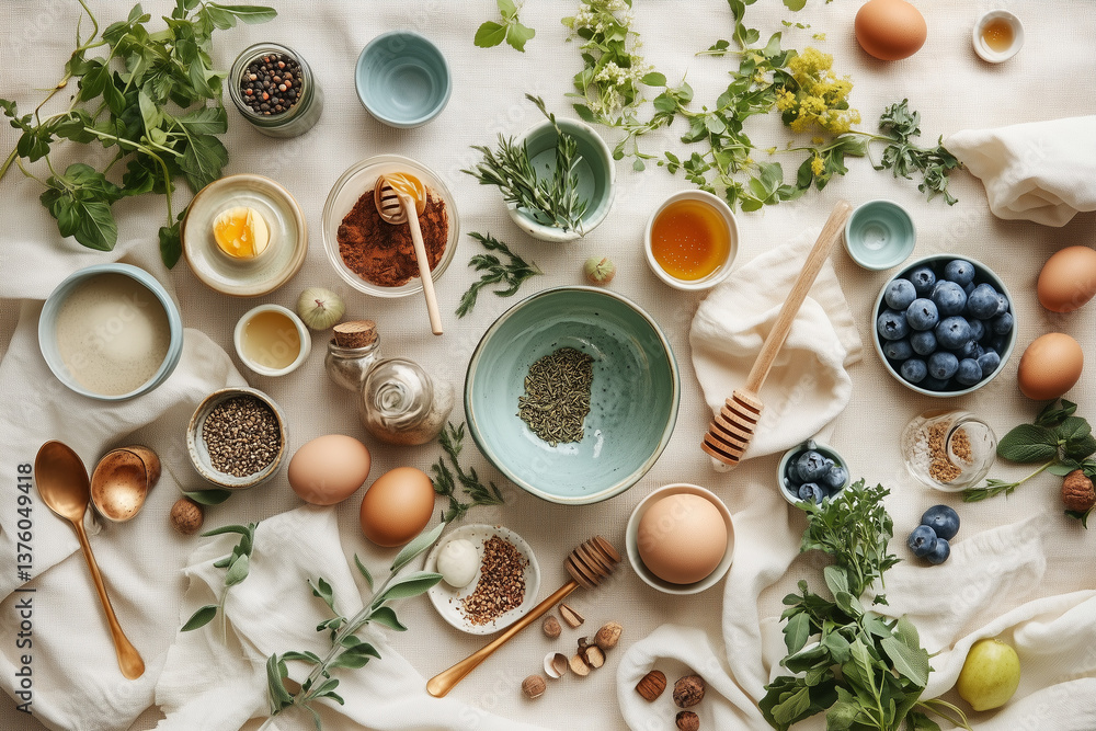 Vibrant Kitchen Flat Lay with Spices & Herbs | Rustic Food Styling