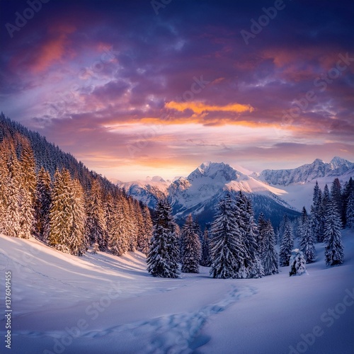 Fantastic evening winter landscape. Colorful overcast sky. Austria, Europe. Beauty world. 