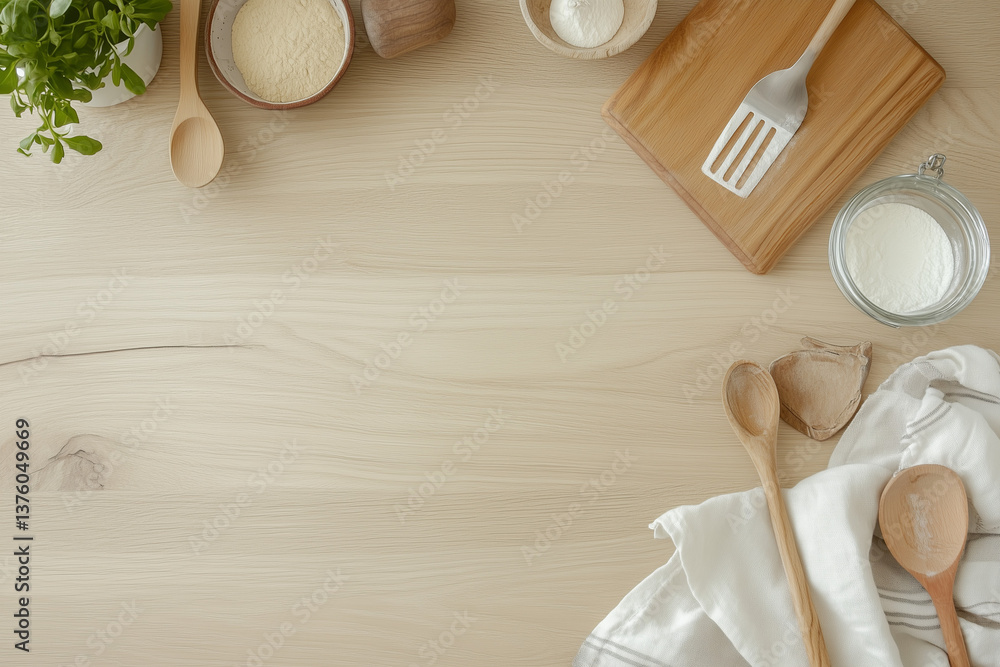 Light Wooden Kitchen Background with Utensils | Natural Food Photography Backdrop