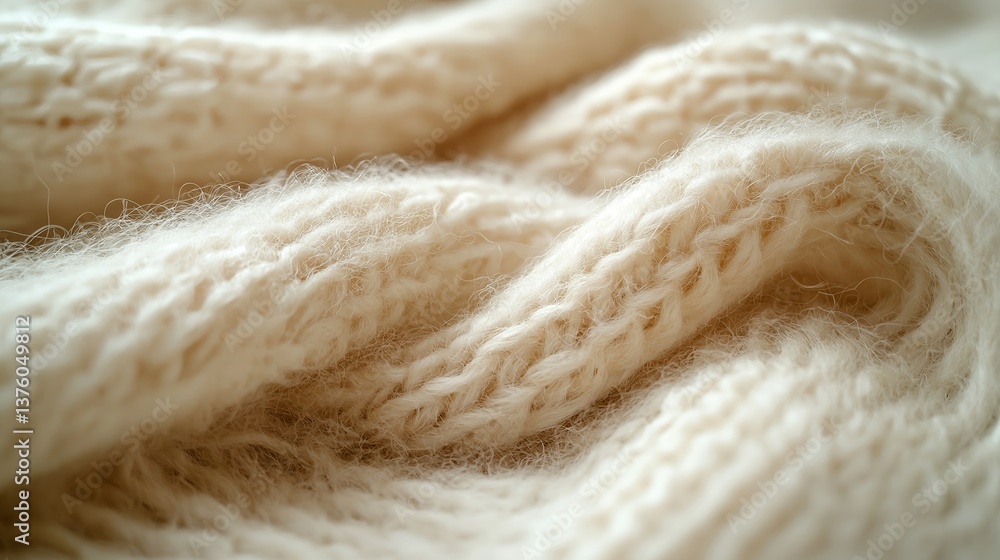 Soft cream fluffy knit texture a cozy winter wool sweater closeup Warm comforting and incredibly soft yarn creating a luxurious feel Detailed knit pattern visible Soft cream fluffy knit texture a cozy winter wool sweater closeup Warm comforting and incredibly soft yarn creating a luxurious feel Detailed knit pattern visible