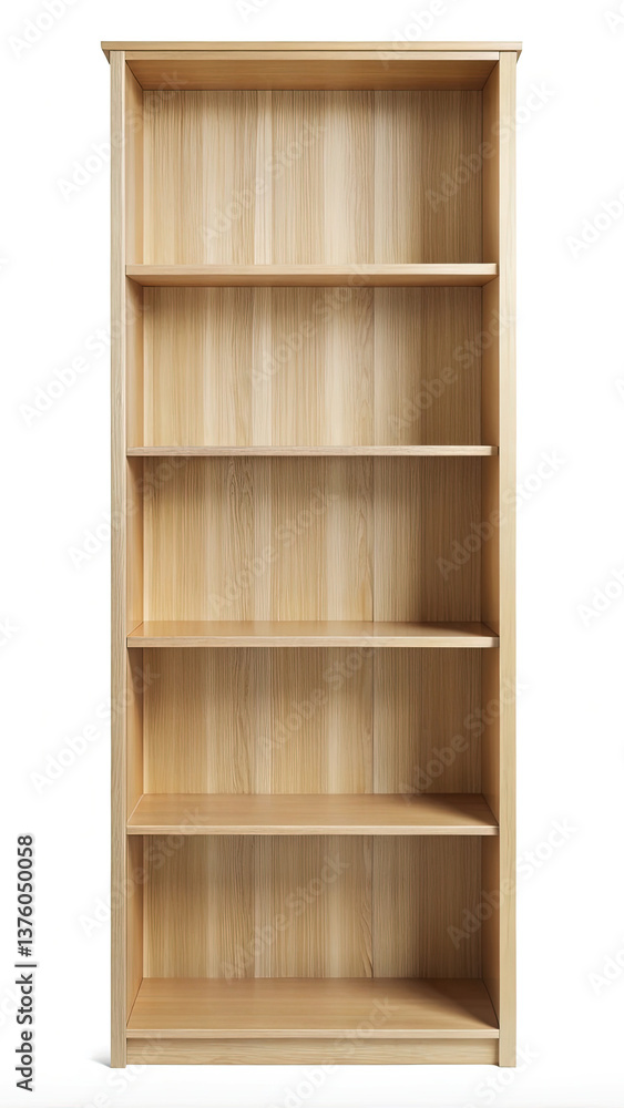 Empty Light Brown Wooden Bookcase with Five Shelves for Home or Office Empty Light Brown Wooden Bookcase with Five Shelves for Home or Office