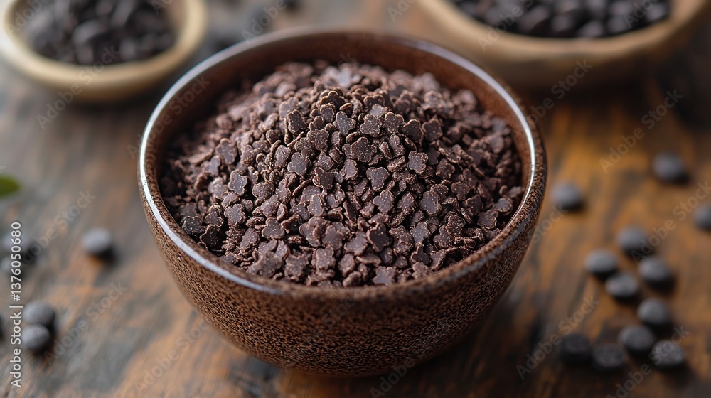 bowl of premium chocolate chips on rustic wooden table, evoking cozy and indulgent atmosphere bowl of premium chocolate chips on rustic wooden table, evoking cozy and indulgent atmosphere