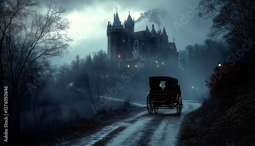 AI generated image of a hansom carriage driving towards a vampire castle. Dracula's castle