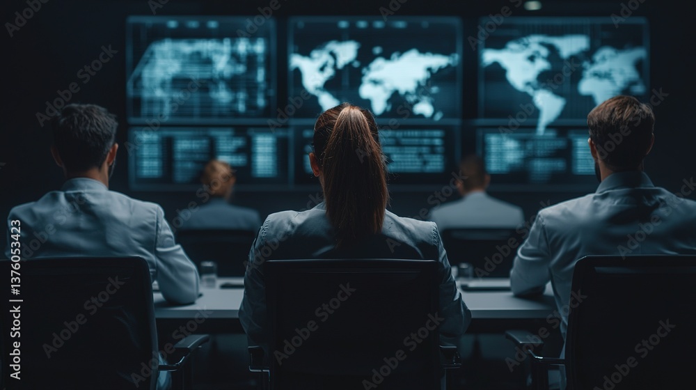 Fototapeta premium Intelligence team analyzing global trends command center digital screens dark atmosphere analytical view data insights