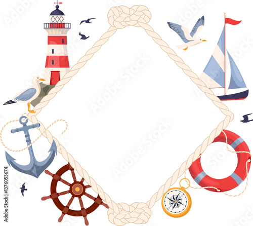 Twisted rope frame with sea knots. Marine style design, rope border with nautical symbols, such as sailboats, anchors, lifebuoy and seagulls. Summer flat vector illustration isolated on white