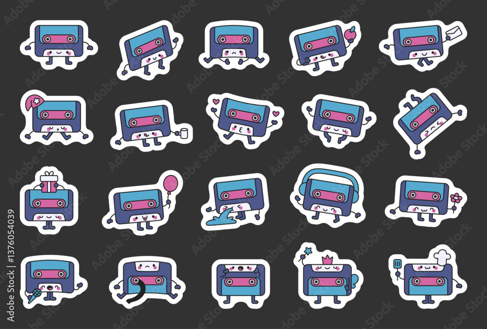Adorable music cassette character set featuring charming retro emotions, cute everyday objects, magical fairy accessories, food, celebration elements for creative projects. Adorable music cassette character set featuring charming retro emotions, cute everyday objects, magical fairy accessories, food, celebration elements for creative projects.