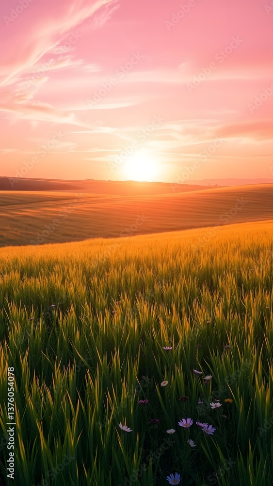 Fototapeta premium Serene Sunset Over Golden Fields