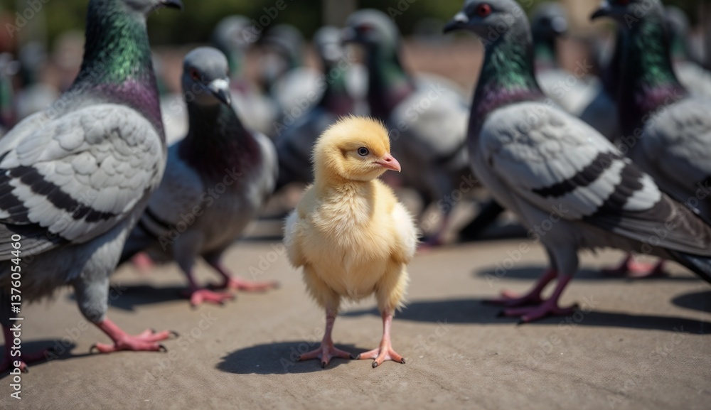 Obraz premium Yellow chicken standing out among pigeons in a crowd 