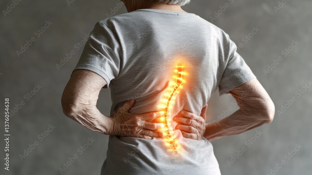 Elderly Woman Experiencing Back Pain: Medical Illustration of Spinal Issues