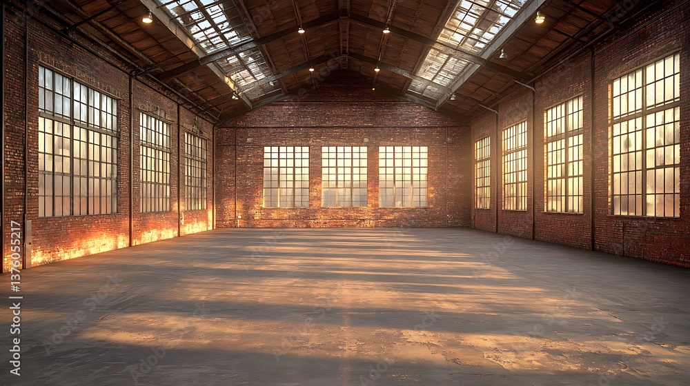 Spacious Loft with Dramatic Lighting and Empty Industrial Atmosphere in Urban Setting Spacious Loft with Dramatic Lighting and Empty Industrial Atmosphere in Urban Setting