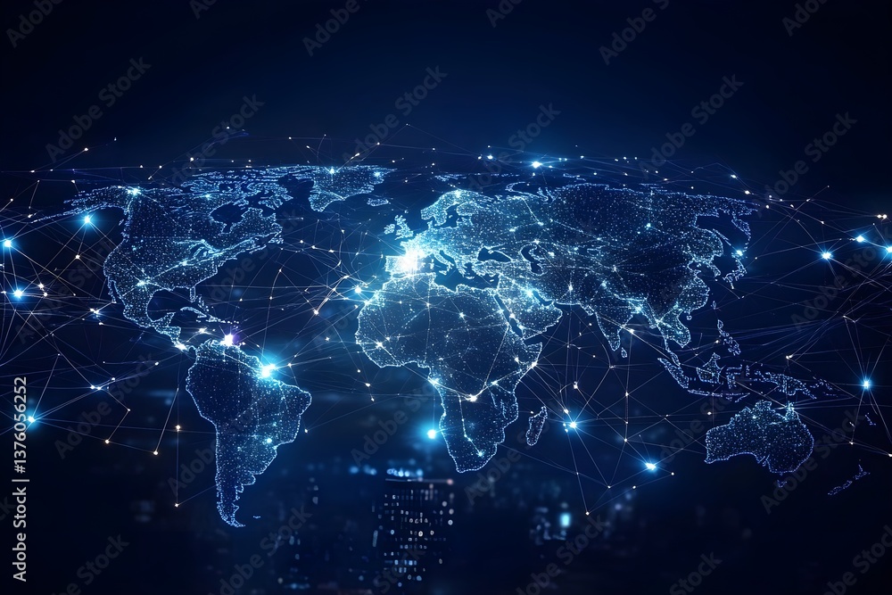 Fototapeta premium Abstract digital world map with glowing connections, representing global connectivity and data transfer across the globe. 