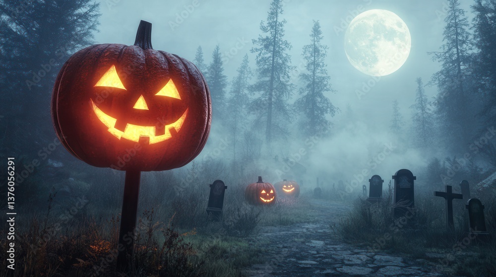 Naklejka premium A spooky Halloween scene featuring carved pumpkins, a misty graveyard, towering trees, and a bright full moon.