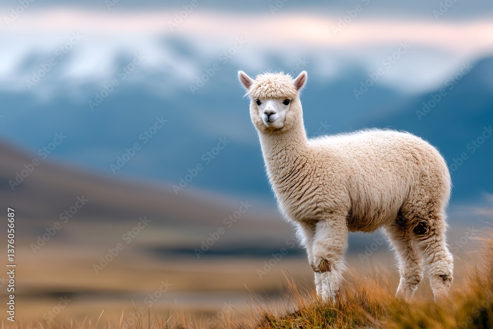White alpaca standing in mountain meadow on cloudy day White alpaca standing in mountain meadow on cloudy day