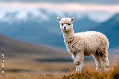 White alpaca standing in mountain meadow on cloudy day