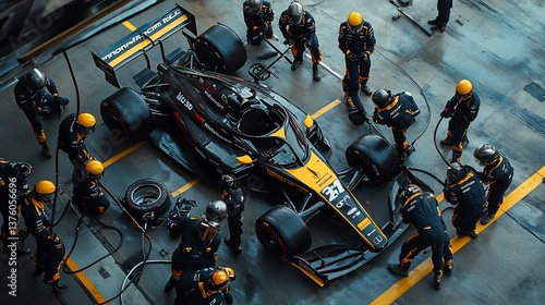 Formula One Race Team Pit Crew Servicing a High-Performance Racing Car in Garage