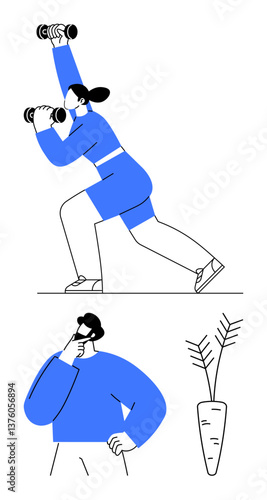Woman in activewear lifting dumbbells in a lunge pose. Man contemplatively looking at a carrot plant. Ideal for health, fitness, wellness, decision-making, growth, planning, self-care flat simple