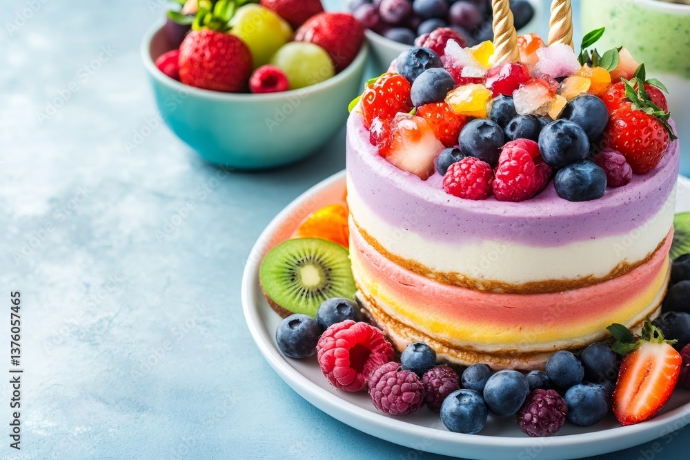 Rainbow layered cake decorated with fresh fruits and golden horn toppers Rainbow layered cake decorated with fresh fruits and golden horn toppers