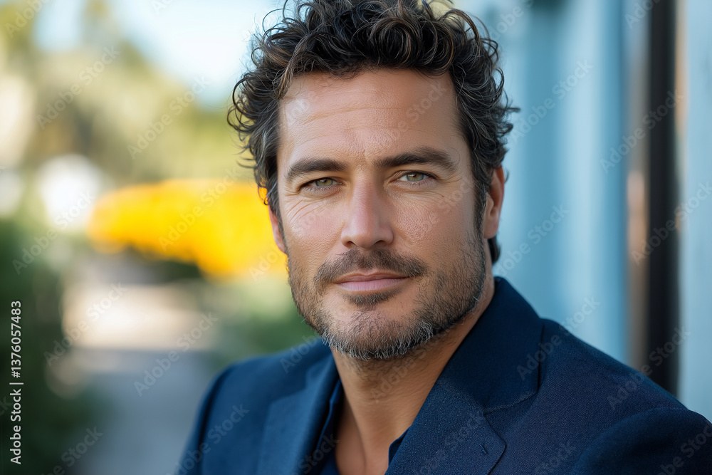 Naklejka premium confident man with curly hair and well groomed beard, wearing dark blazer, poses outdoors with blurred background of vibrant flowers