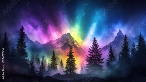 Wallpaper Mural Enchanted Rainbow Aurora Over Misty Mountain Peaks Torontodigital.ca