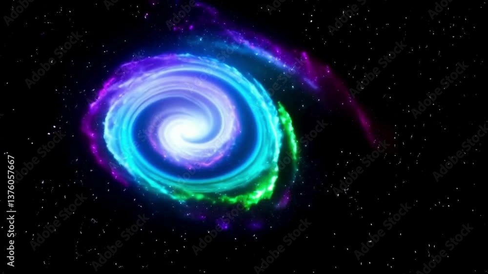 A massive, swirling galaxy expanding outward, its spiral arms glowing in hues of neon blue, purple, and green A massive, swirling galaxy expanding outward, its spiral arms glowing in hues of neon blue, purple, and green