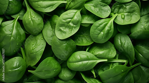 Bunch of Juicy Spinach Leaves Sitting in a Tight Cluster, Soaking Wet with Tiny Water Drops That Make Them Look Super Shiny and Fresh Like They Just Got Washed