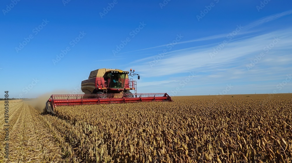 Fototapeta premium A sunny day harvesting beans, with the field stretching out in the background and the sky deep blue.