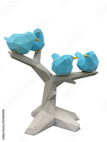 Geometric blue birds figurines on a branch