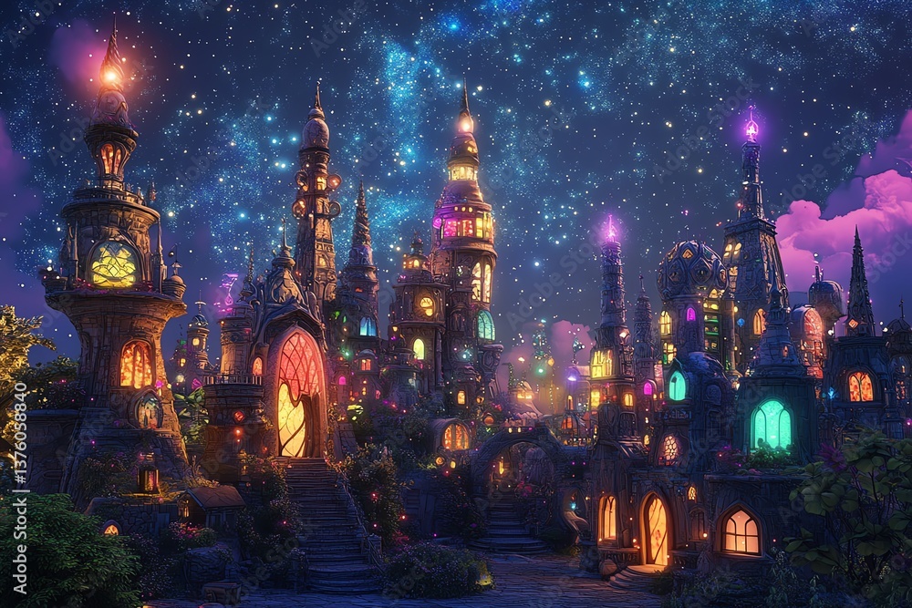 Obraz premium Enchanted fantasy town at night. Magical buildings, twinkling lights, starry sky. Perfect for fairytale, game, or children's book illustrations.