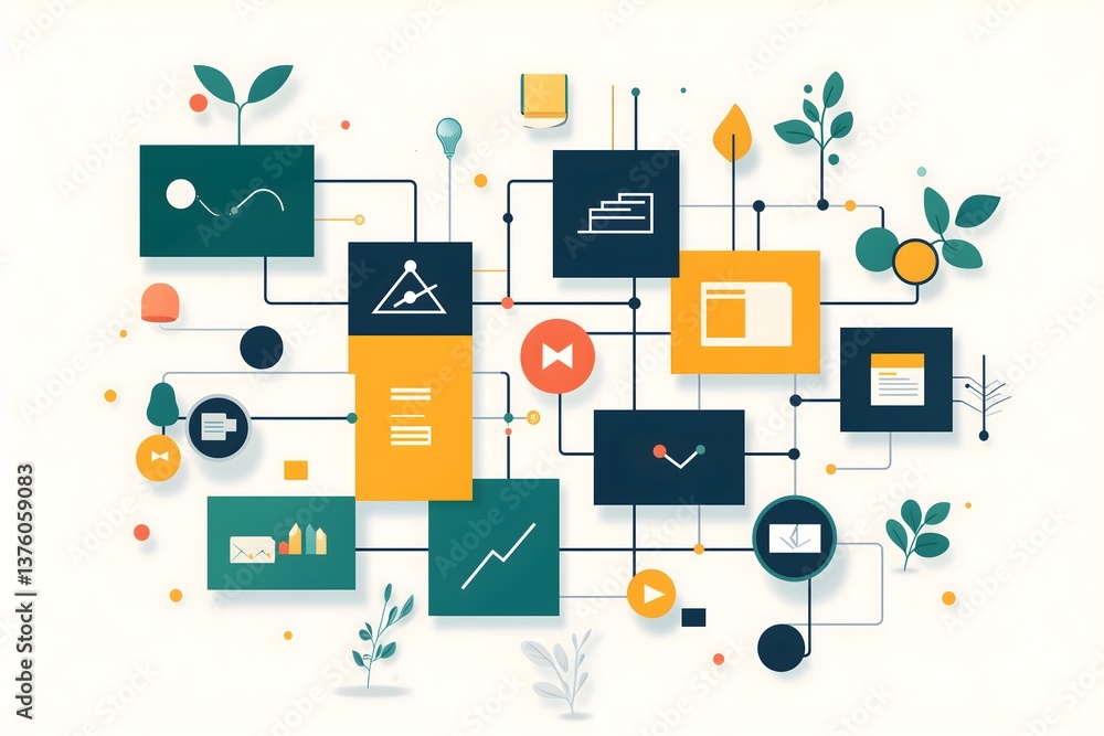 Business flowchart design showcasing interconnected processes and data visualization in vector art style for effective project management Business flowchart design showcasing interconnected processes and data visualization in vector art style for effective project management