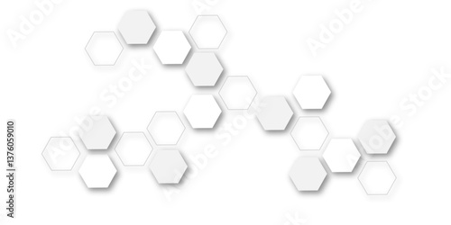 "Contemporary and Futuristic White and Grey Hexagonal Technology-Inspired Geometric Pattern on a Clean White Background, Perfect for Use in Web Design, Templates, and Digital Art"
