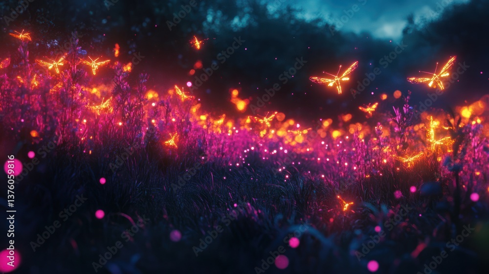 Obraz premium Glowing orange butterflies flutter above colorful violet illuminated grassy field