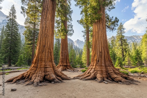 Giant sequoia redwood trees towering over scenic landscape in sequoia national park