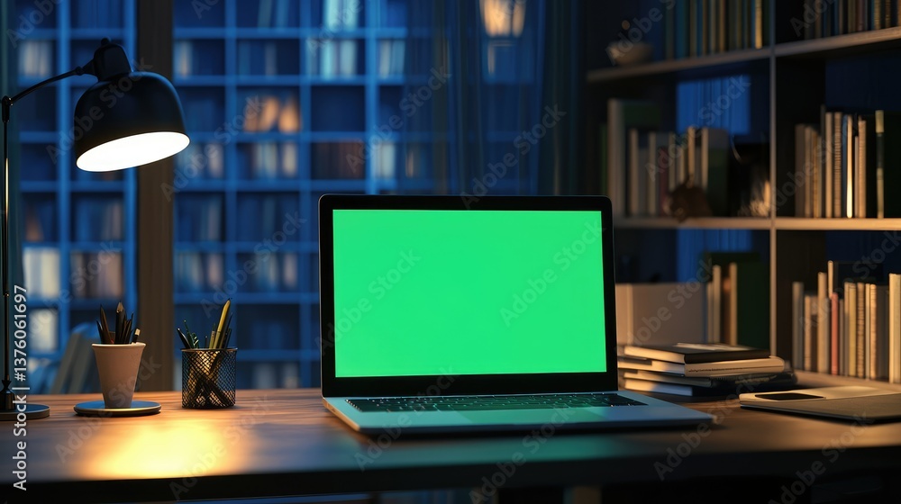 Laptop displaying a green screen, and soft lighting. Laptop displaying a green screen, and soft lighting.