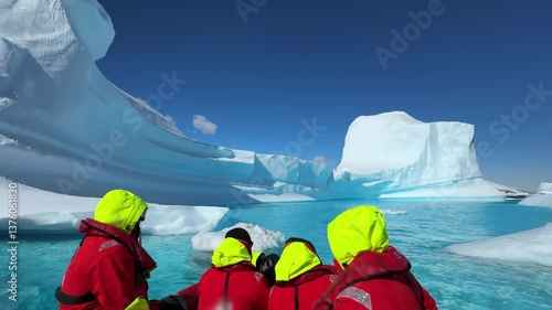 Antarctica icy landscape expedition group tourist traveler people man at cruise red boat ship winter Arctic snow mountains Iceberg glacier nature cold water, Scientist Tourism travel. Aerial drone 
