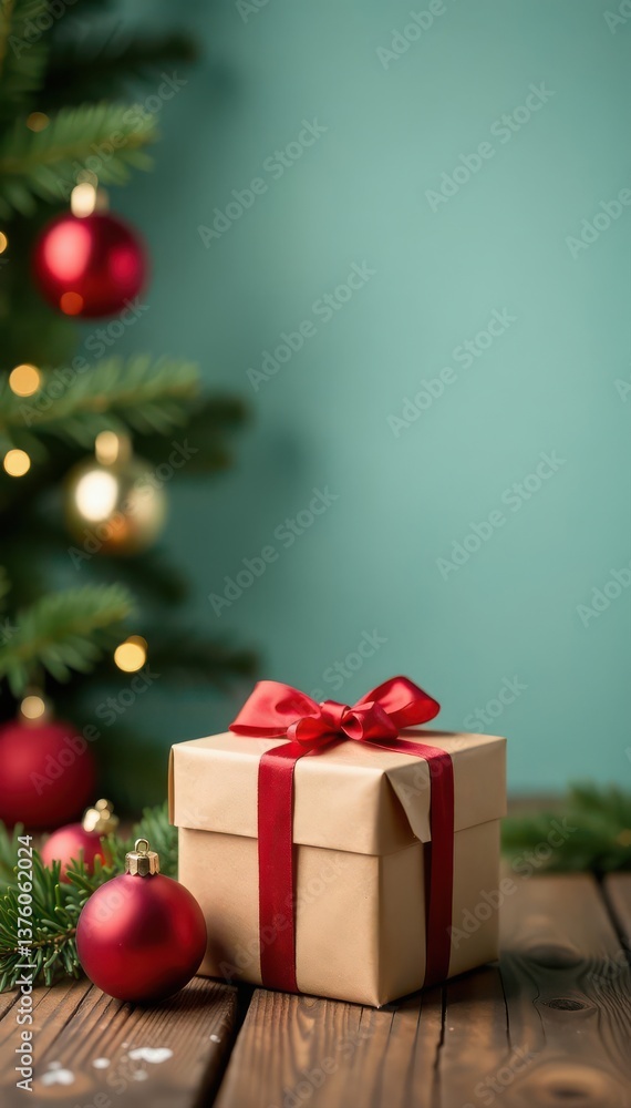 Wrapped gift on wooden table, holiday background, empty space, empty space, present Wrapped gift on wooden table, holiday background, empty space, empty space, present