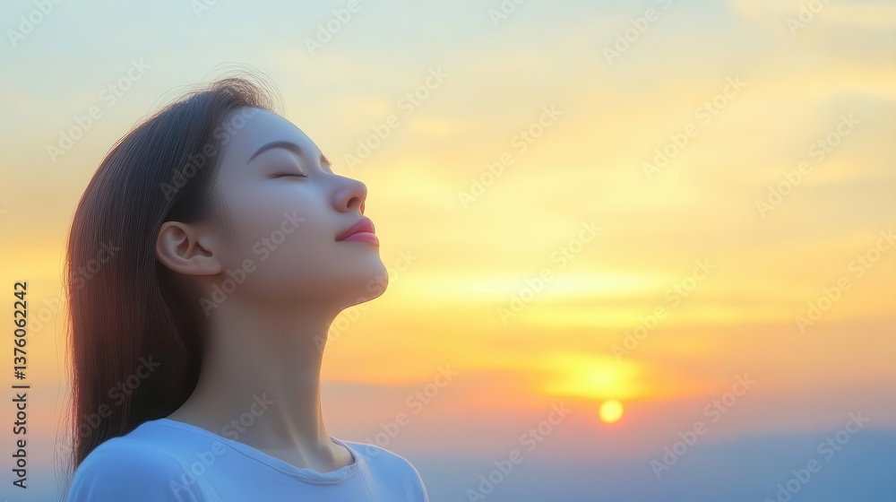 A serene moment captured as a young woman enjoys the sunset, embodying peace and tranquility in nature's beauty. A serene moment captured as a young woman enjoys the sunset, embodying peace and tranquility in nature's beauty.