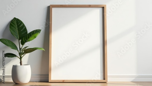 Blank vertical wooden frame on contemporary wall, house, wall decor, copy space