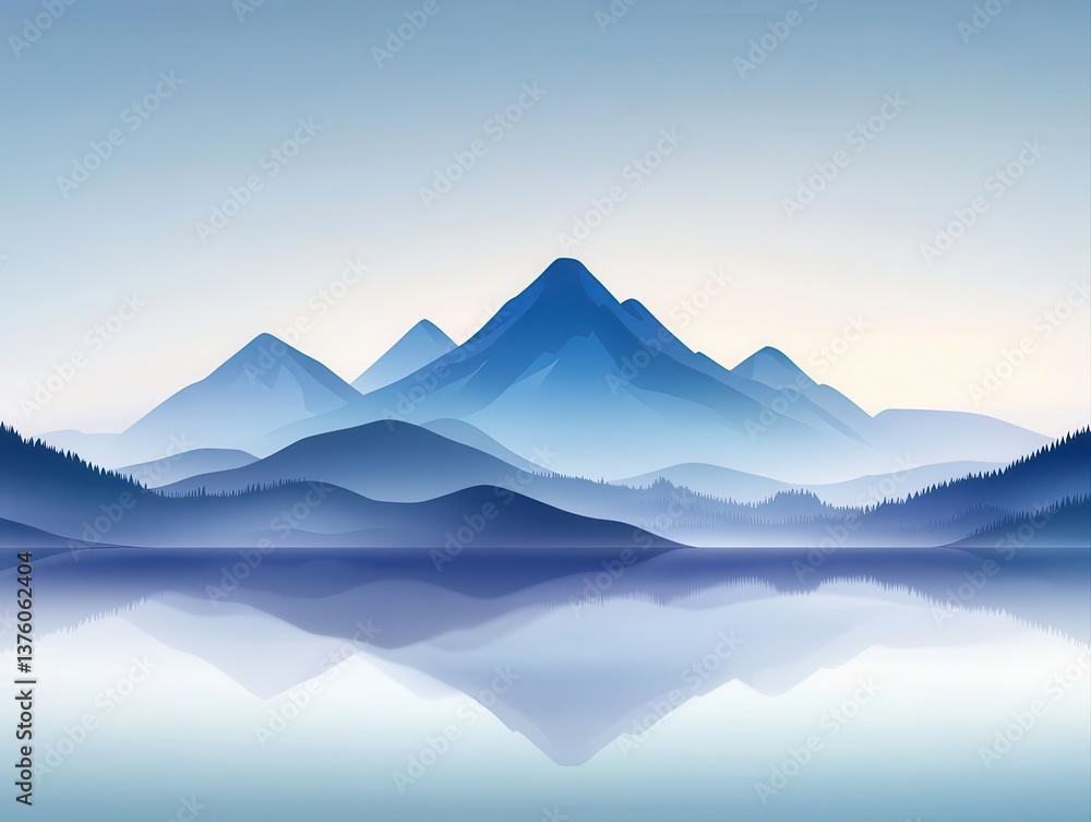 Fototapeta premium A serene mountain landscape reflecting on calm waters under a clear blue sky, offering a tranquil escape into nature's beauty.