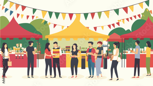 Happy diverse people enjoying food and drinks at an outdoor festival with colorful tents and bunting.