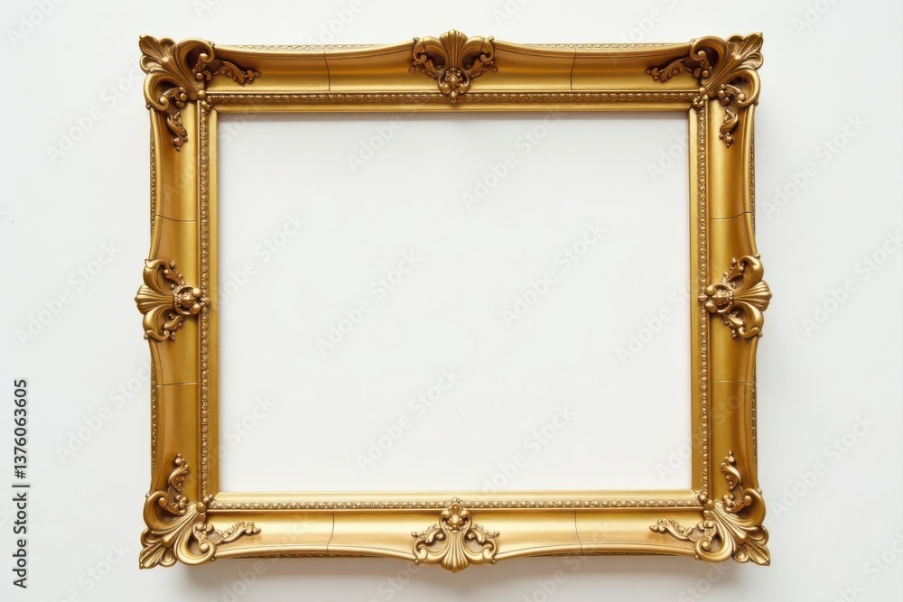 Elegant gold frame mockup against pure white wall , gallery wall, white wall Elegant gold frame mockup against pure white wall , gallery wall, white wall