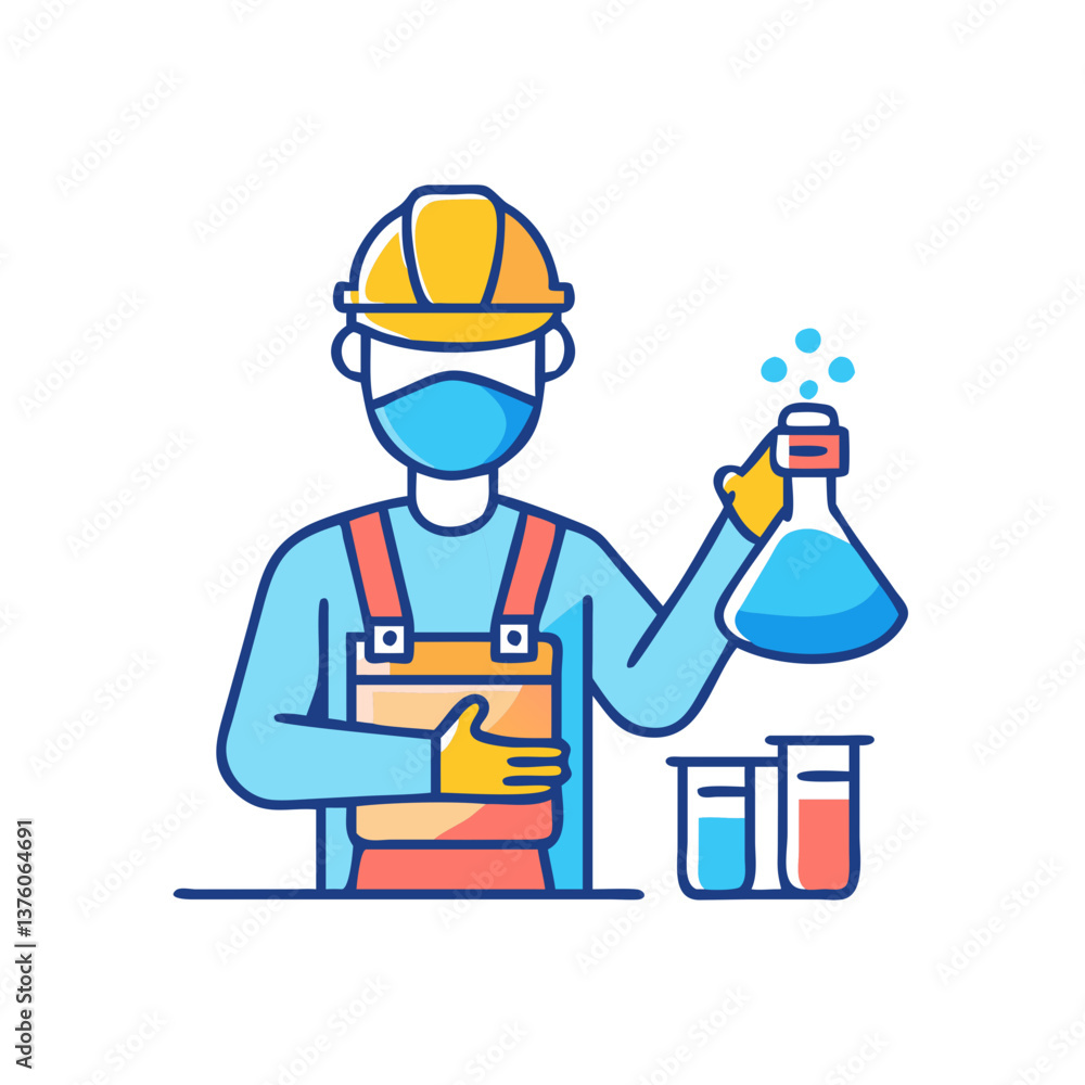 Scientist in protective gear conducting an experiment with beakers in a laboratory setting
