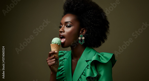 Portrait of a dark-skinned model with stunning features, enjoying an ice cream, showcasing her natural beauty and confident expression in a stylish and elegant style