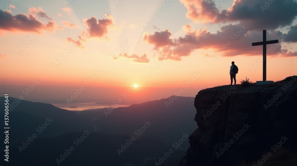 Silhouette of a person contemplating sunset against mountains Silhouette of a person contemplating sunset against mountains