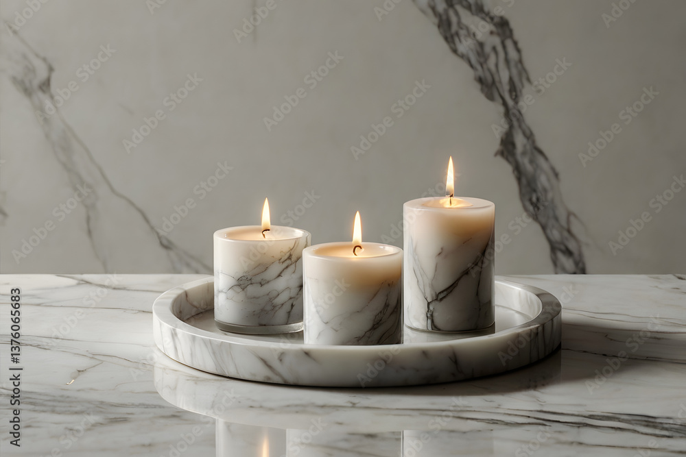 a sleek white marble tray with subtle gray veining, holding three minimalist scented candles in glass jars a sleek white marble tray with subtle gray veining, holding three minimalist scented candles in glass jars