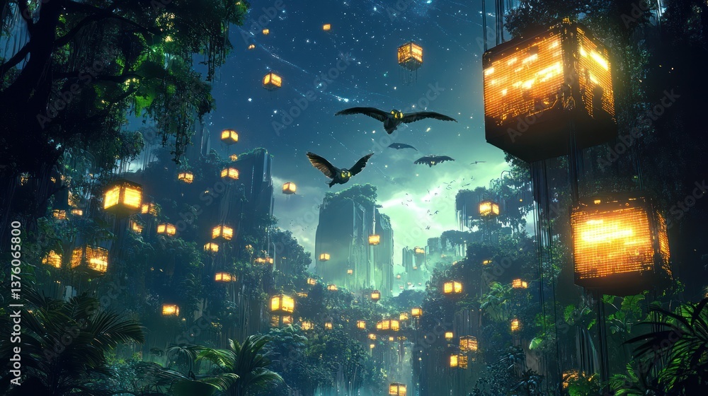 Fototapeta premium A fantastic forest scene with glowing square lanterns and birds