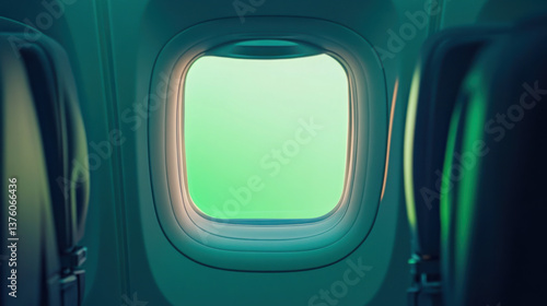 A green screen window inside an airplane, with the plane's sleek cabin and natural light shining through,A green screen on an aircraft window, capturing the light reflections from the airplaneâ€™s pol