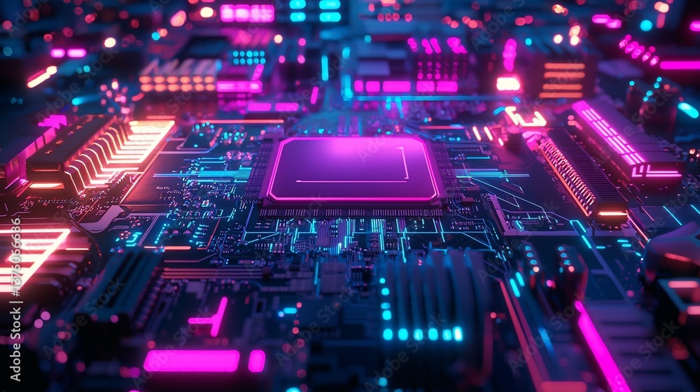 Fototapeta premium Cybernetic circuit board design adorned with vibrant futuristic neon lights