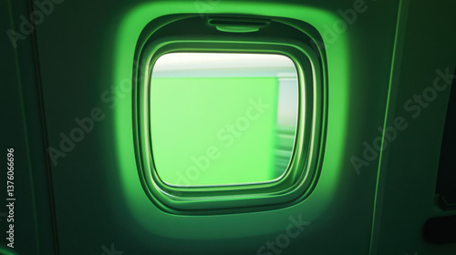 A green screen window inside an airplane, with the plane's sleek cabin and natural light shining through,A green screen on an aircraft window, capturing the light reflections from the airplaneâ€™s pol
