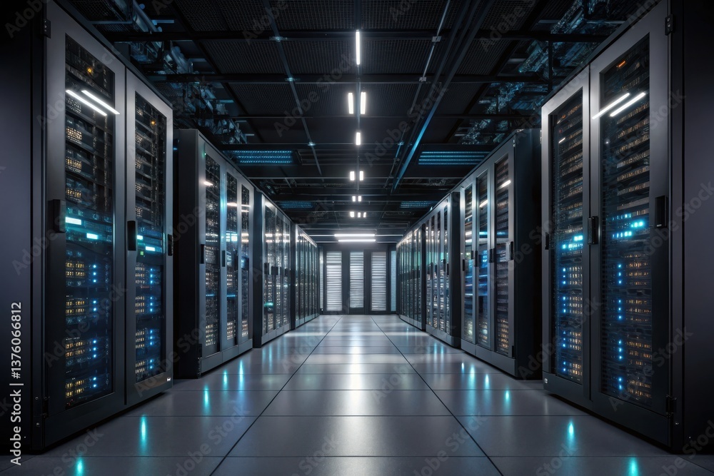 Quantum computing transforms cryptography security concept. High-tech server room with rows of servers illuminated by blue lights. Quantum computing transforms cryptography security concept. High-tech server room with rows of servers illuminated by blue lights.