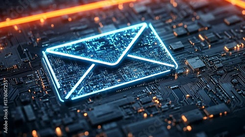 Electronic Mail Symbol Glowing Over a Digital Circuit Board Communication